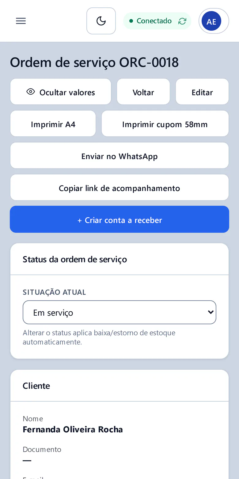 A mesma ordem de serviço aberta no navegador do celular