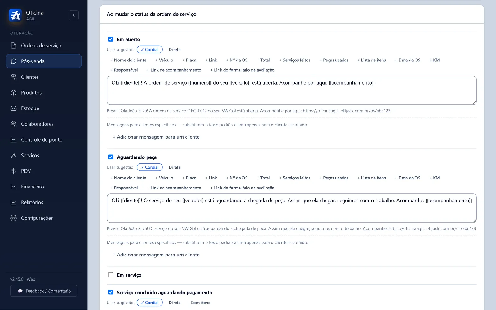 Tela de pós-venda do Oficina Ágil com as mensagens de WhatsApp de cada etapa da ordem de serviço ligadas e a prévia de como o cliente recebe